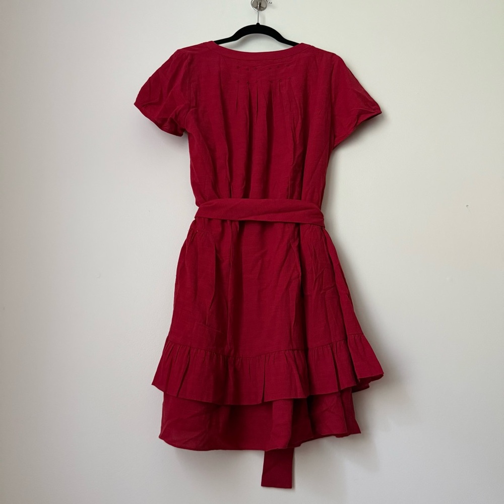 Comptoir Des Cotonniers Red Pleated Ruffle Embroidered Dress with Belt, size L - Picture 5 of 11
